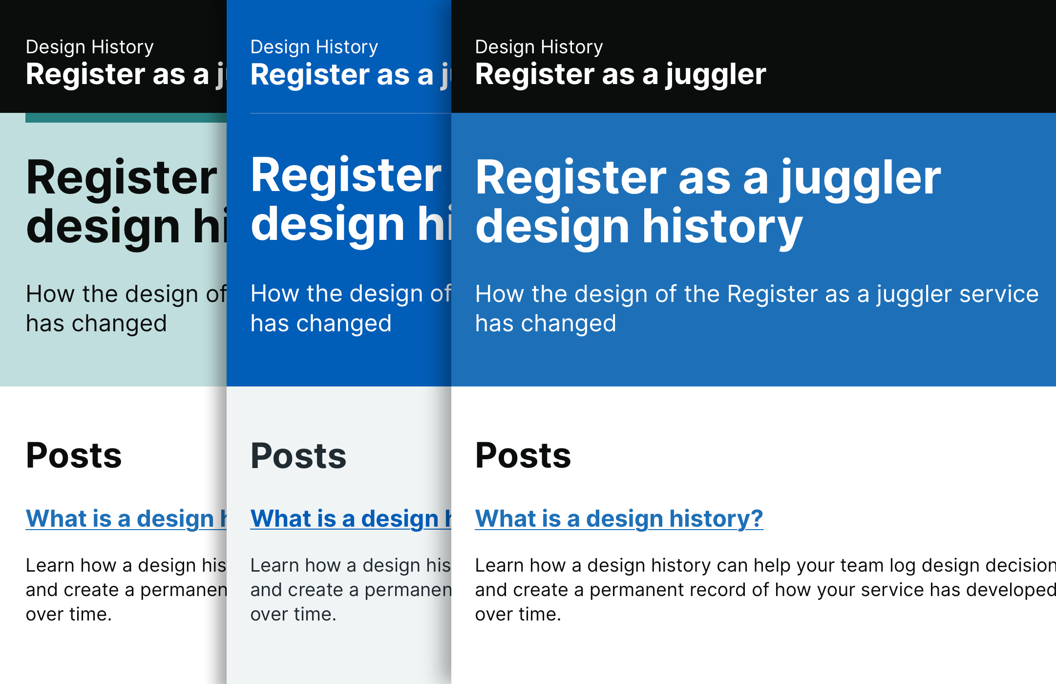 A screenshot of three design histories, side by side,
              in different styles.